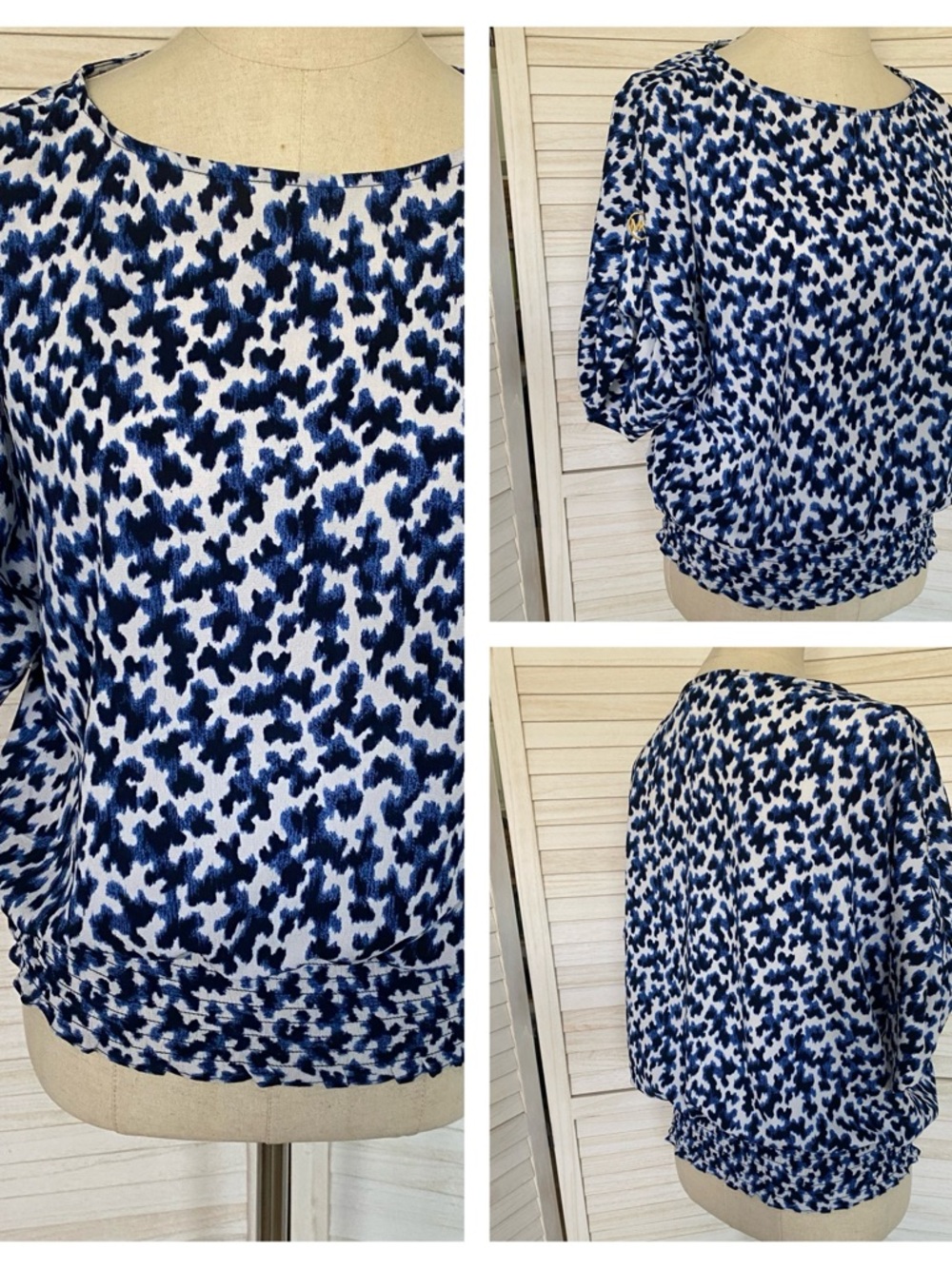 Michael Michael Kors Blue and White Printed Blouson Top SZ L